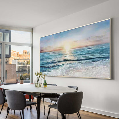 Modern ocean sunset wall art with blue waves and coastal landscape