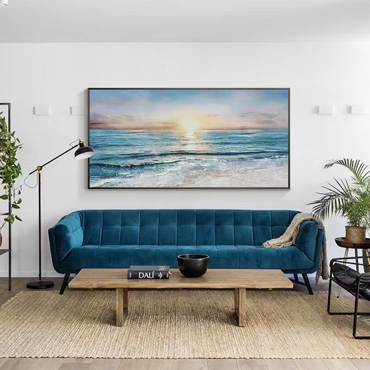 Abstract beach sunset artwork with soft blue and white tones