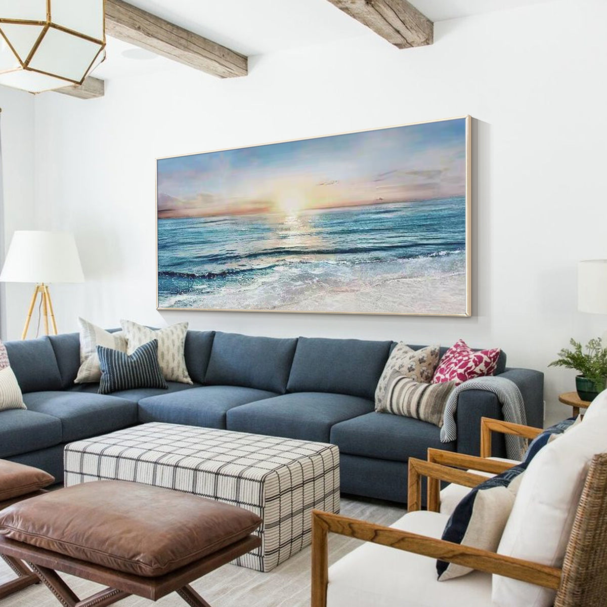 Large coastal canvas wall art featuring ocean waves and sunset horizon