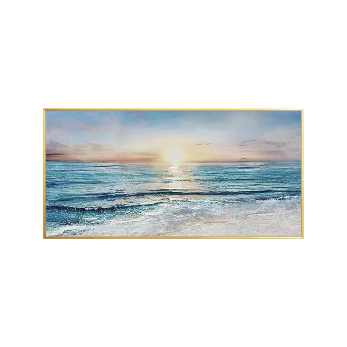 Ocean landscape painting above dining table in modern apartment