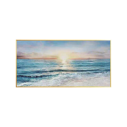 Ocean landscape painting above dining table in modern apartment