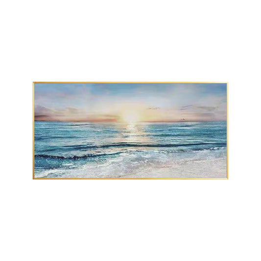 Ocean landscape painting above dining table in modern apartment