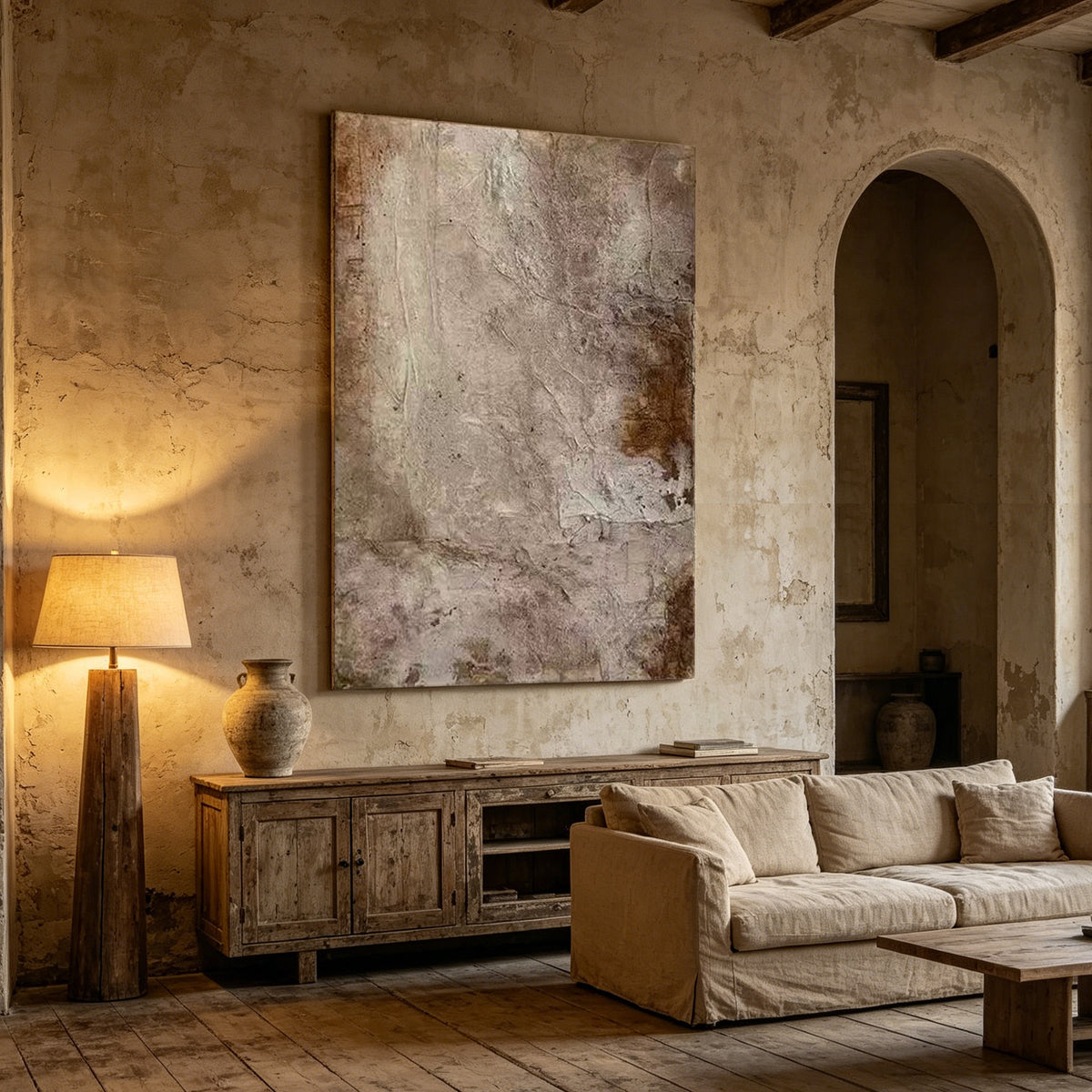 Abstract oil painting on canvas with organic Wabi Sabi texture