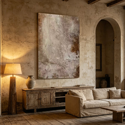 Abstract oil painting on canvas with organic Wabi Sabi texture