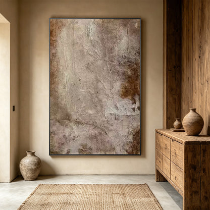 Neutral abstract canvas painting with subtle gold textured details