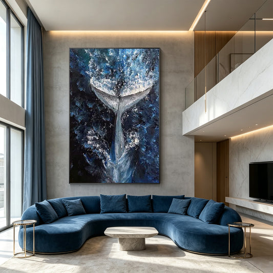 Large whale painting for modern coastal home decor