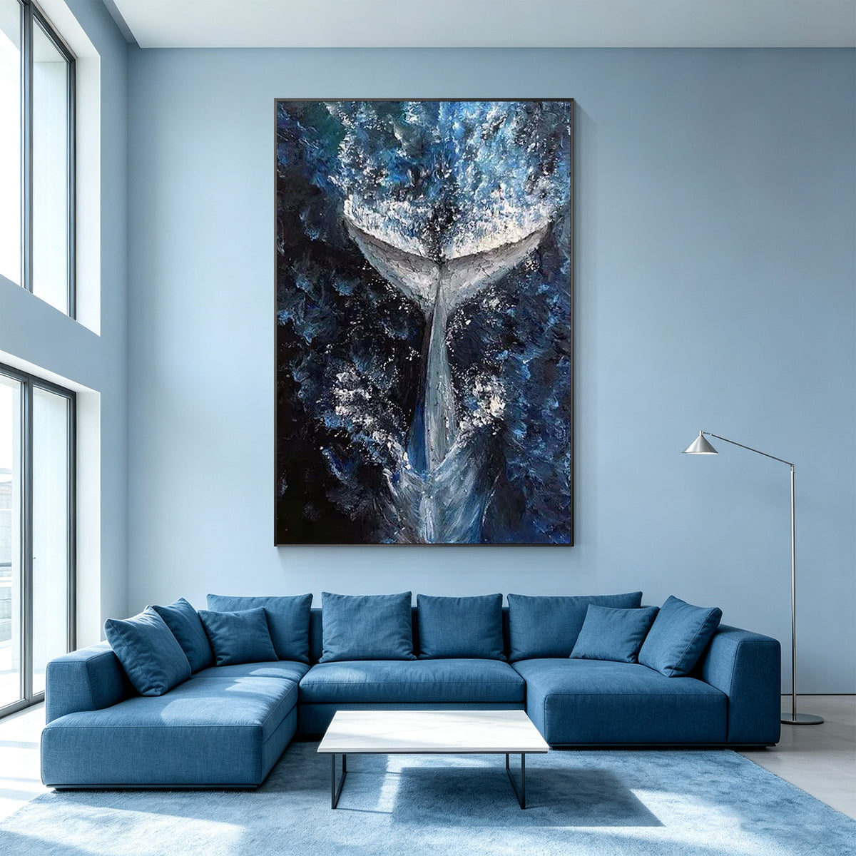 Abstract whale wall art in deep blue ocean tones