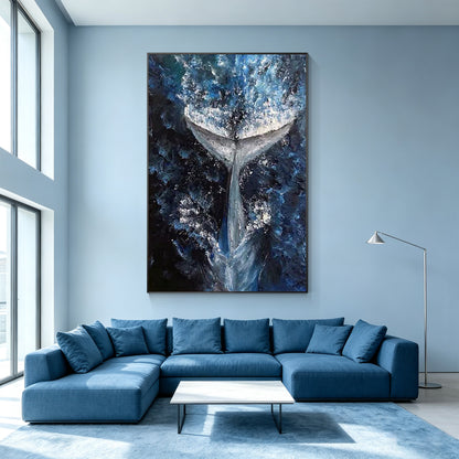 Abstract whale wall art in deep blue ocean tones