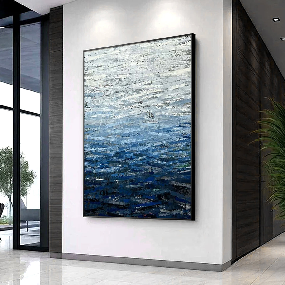 Large modern blue canvas art for coastal home decor