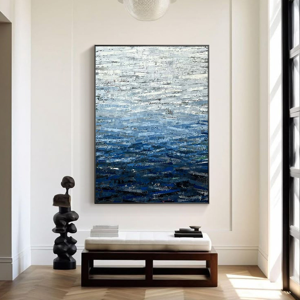 Abstract ocean wall art with deep blue textured brush effects