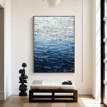 Abstract ocean wall art with deep blue textured brush effects