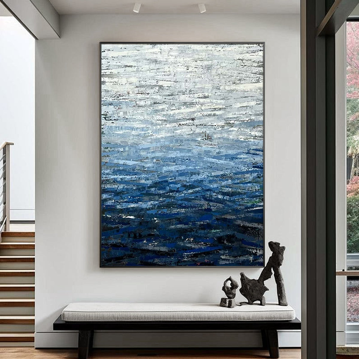 Textured navy blue oil painting with ocean wave inspiration