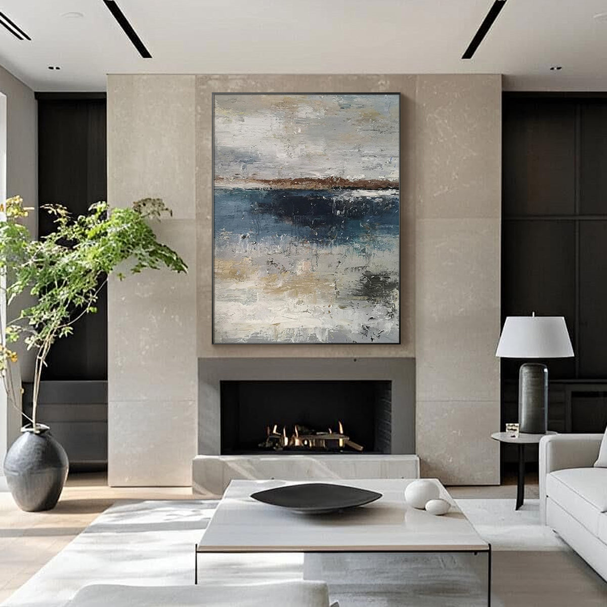 Textured blue abstract painting with contemporary coastal style
