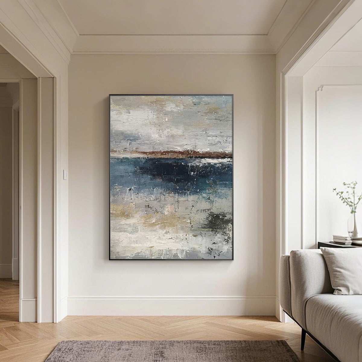 Large navy blue canvas artwork for modern living room decor