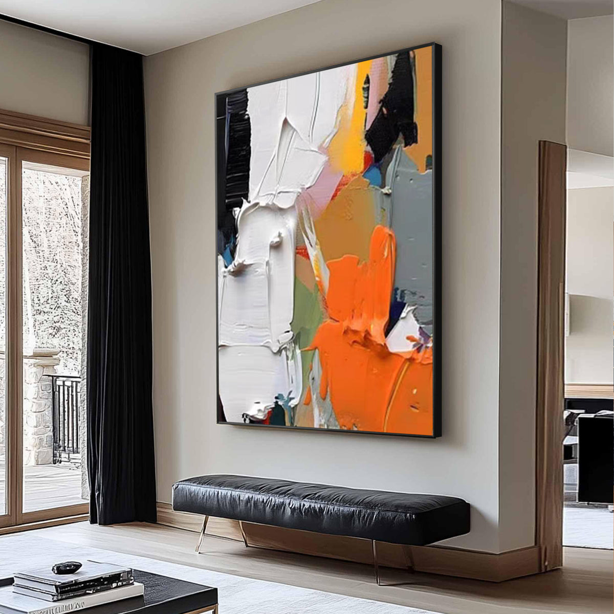 Orange abstract wall art with textured modern canvas painting