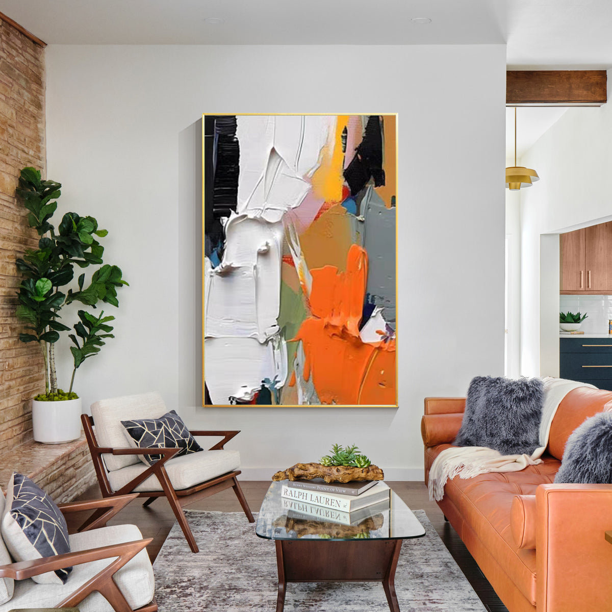 Modern abstract artwork with orange black and white brush textures
