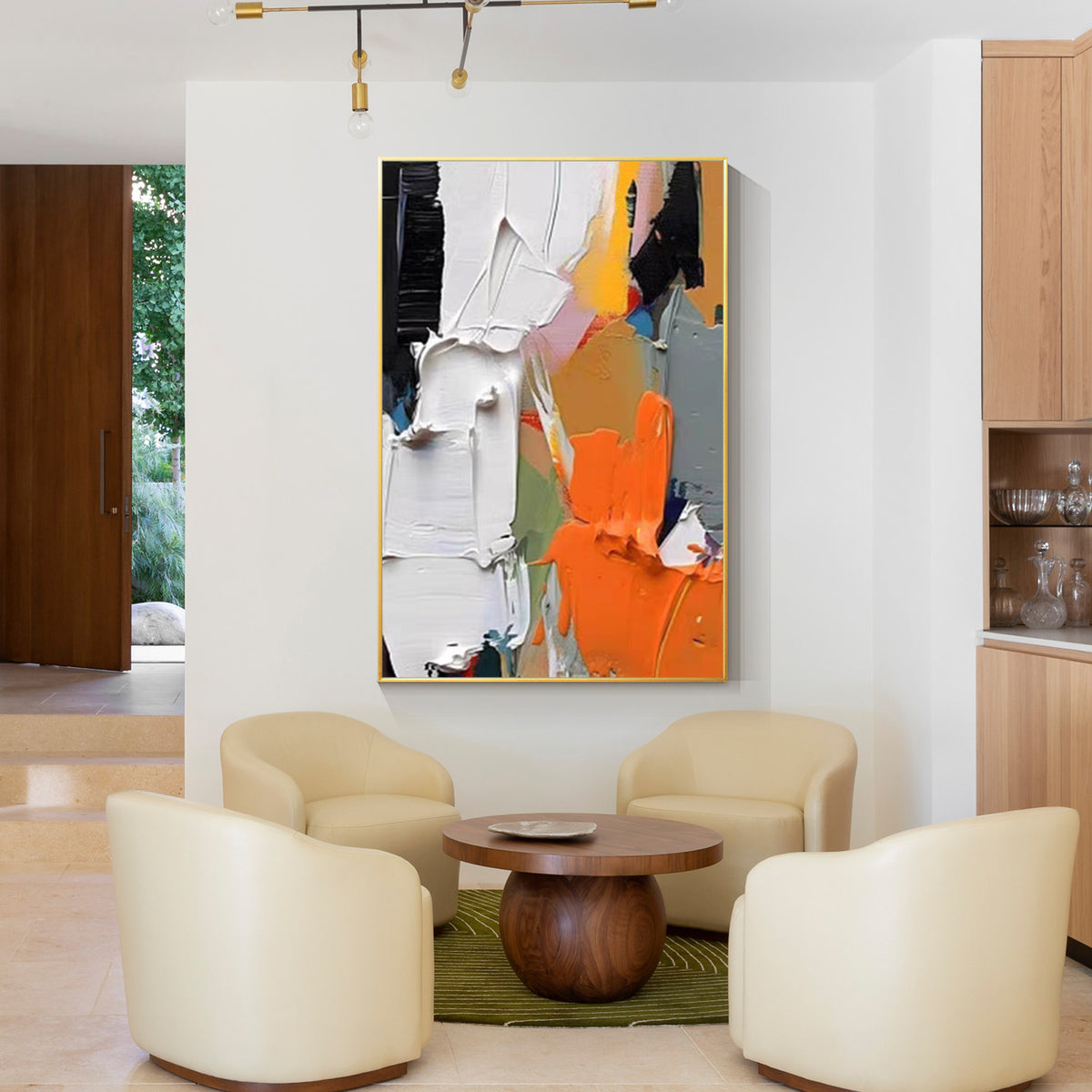 Luxury textured canvas wall art above contemporary living room decor