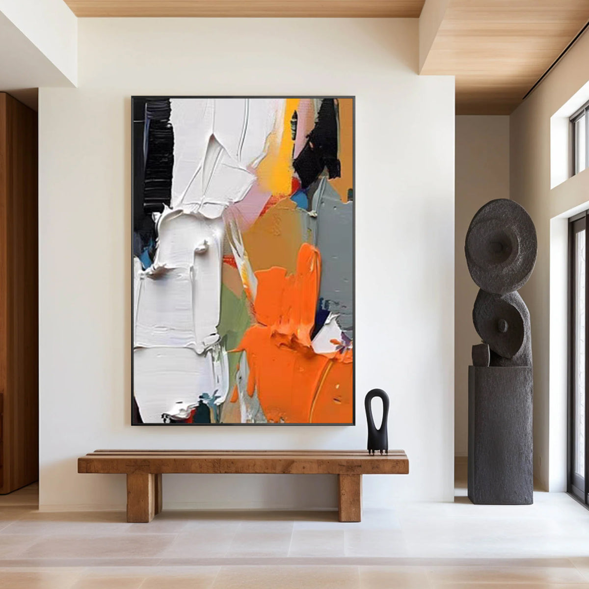 Bold orange abstract painting for modern home interior decor