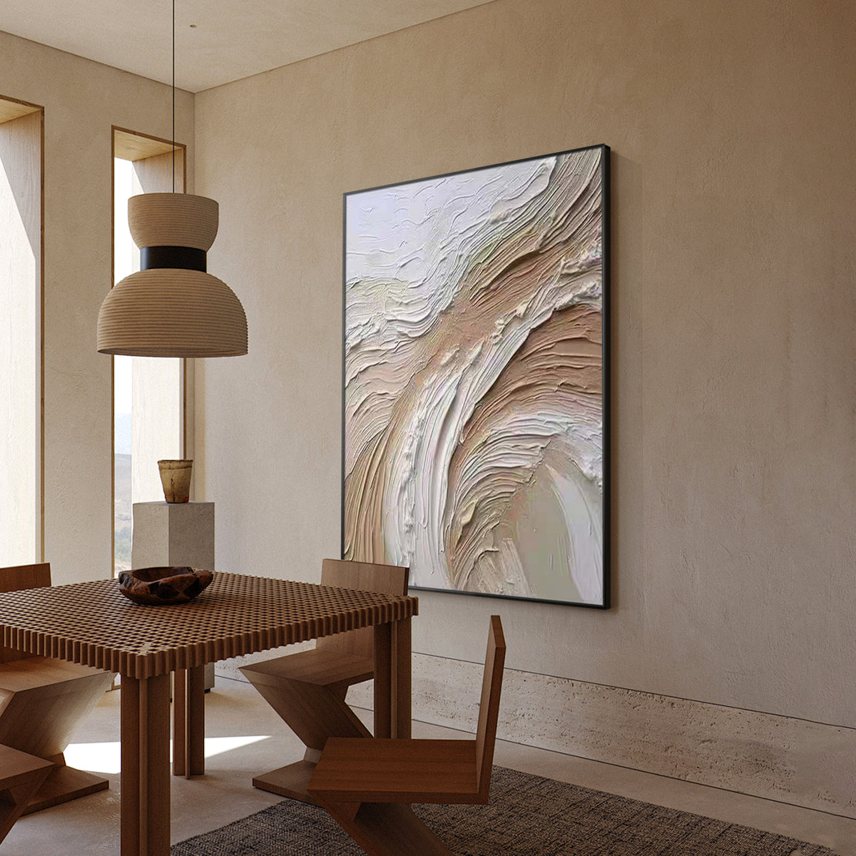 Minimalist beige white canvas painting with dimensional texture