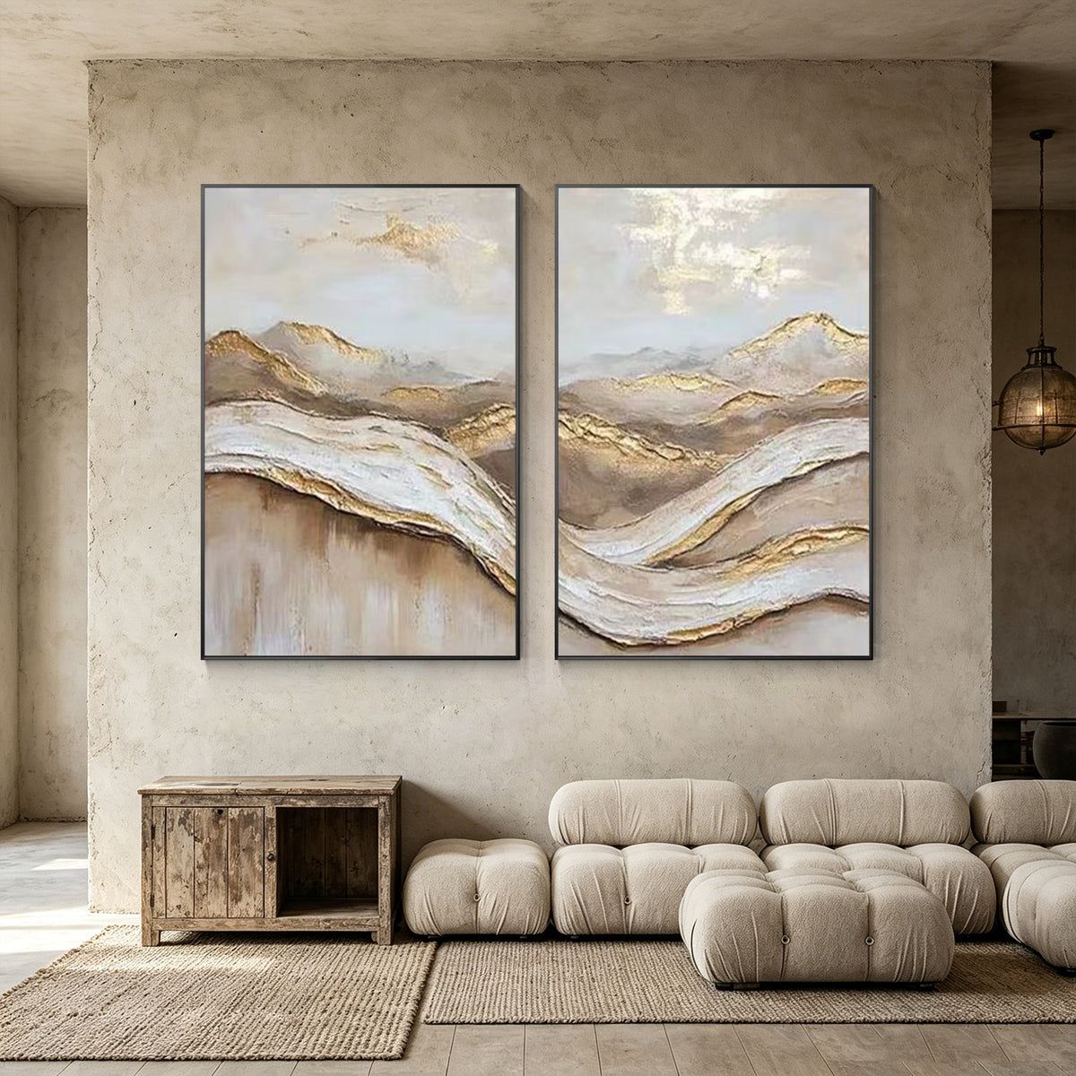 3D gold textured abstract paintings with warm beige and brown colors