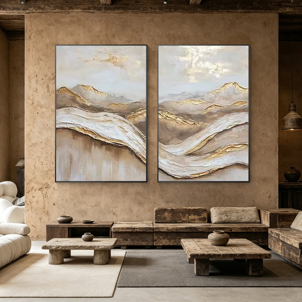 Two piece Wabi Sabi inspired textured wall art in neutral tones