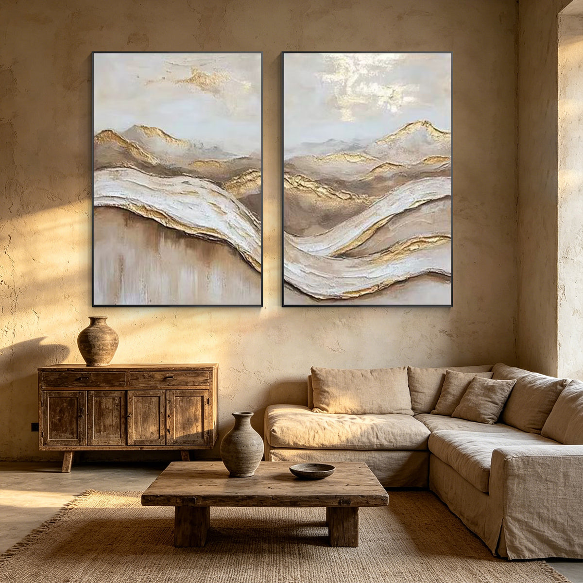 Pair of textured neutral wall art with beige brown and gold accents