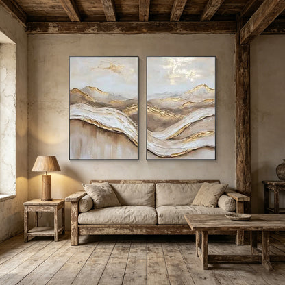 Set of two modern neutral canvas paintings for bedroom decor