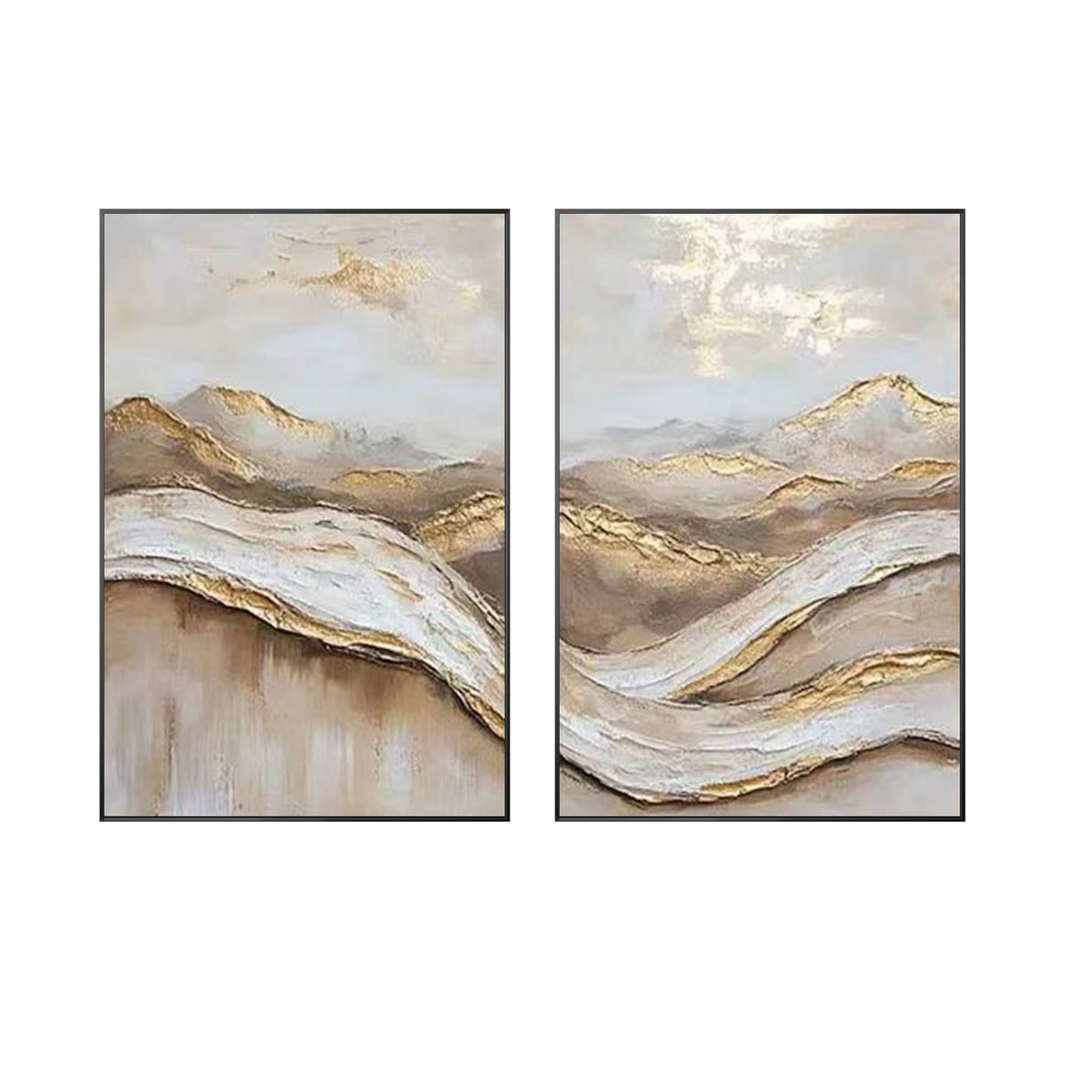 Set of 2 beige brown abstract oil paintings with 3D gold texture