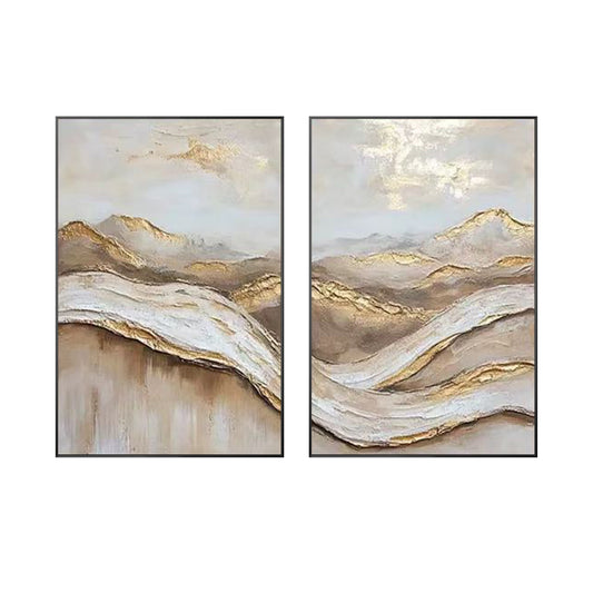 Set of 2 beige brown abstract oil paintings with 3D gold texture