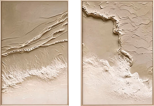 Minimalist coastal artwork with beige waves and sandy tones