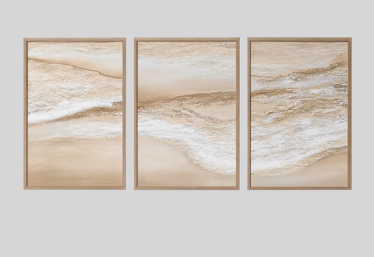 3 piece textured beige coastal wall art 