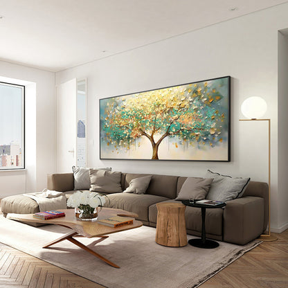 Hand painted teal tree canvas artwork with metallic gold accents