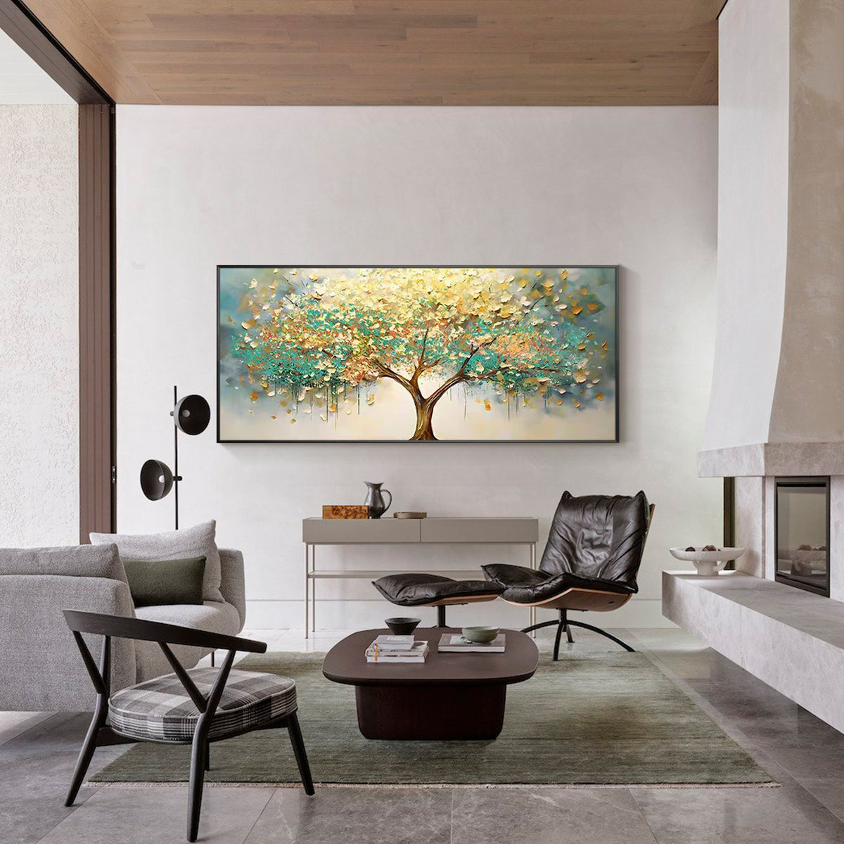 Large textured tree canvas painting with green and gold colors