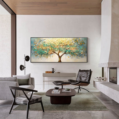 Large textured tree canvas painting with green and gold colors