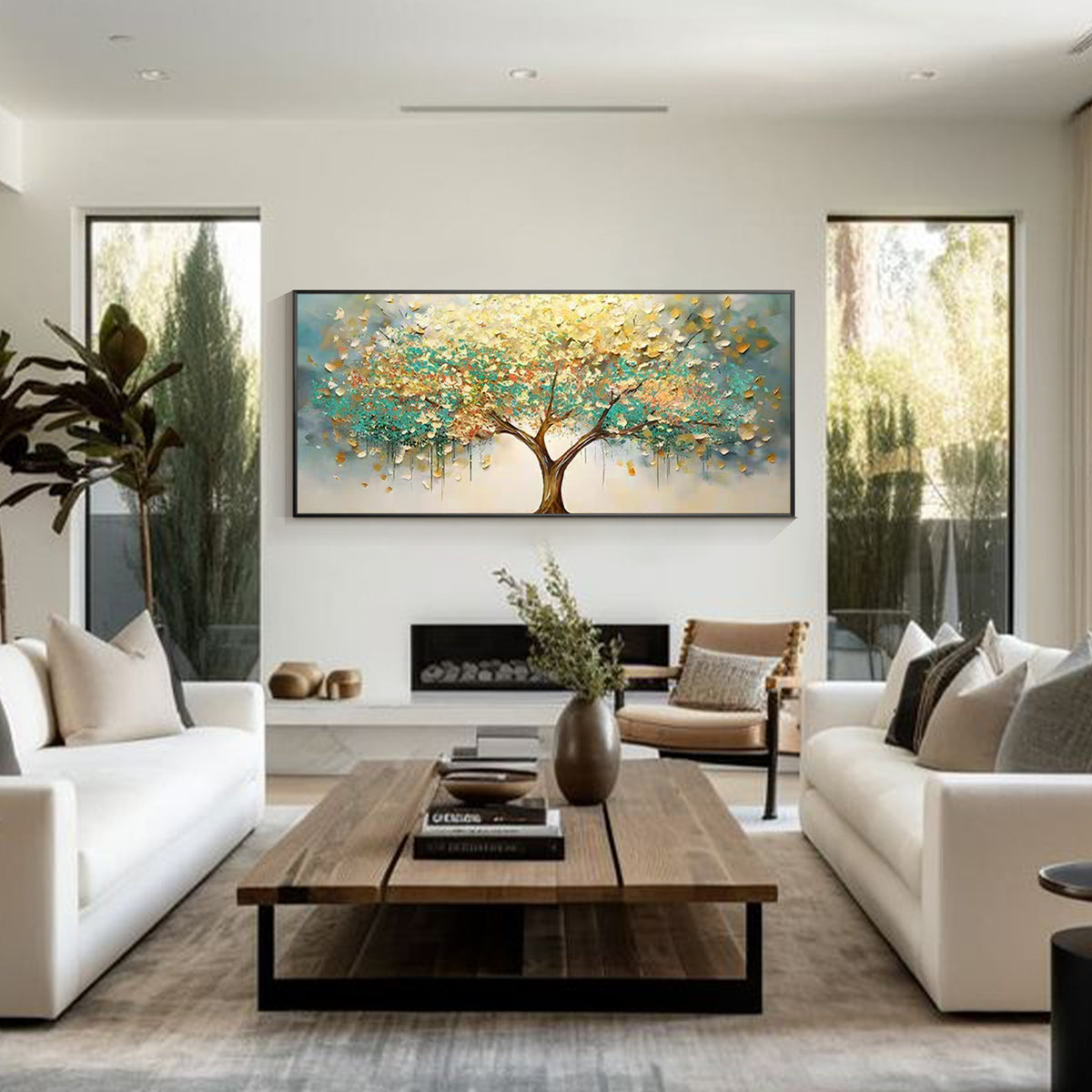 Luxury teal and gold nature wall art with abstract tree design