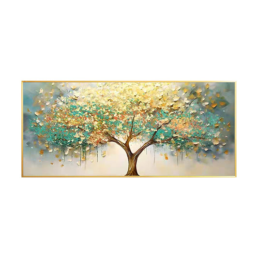 Teal green and gold blooming tree wall art with textured canvas design