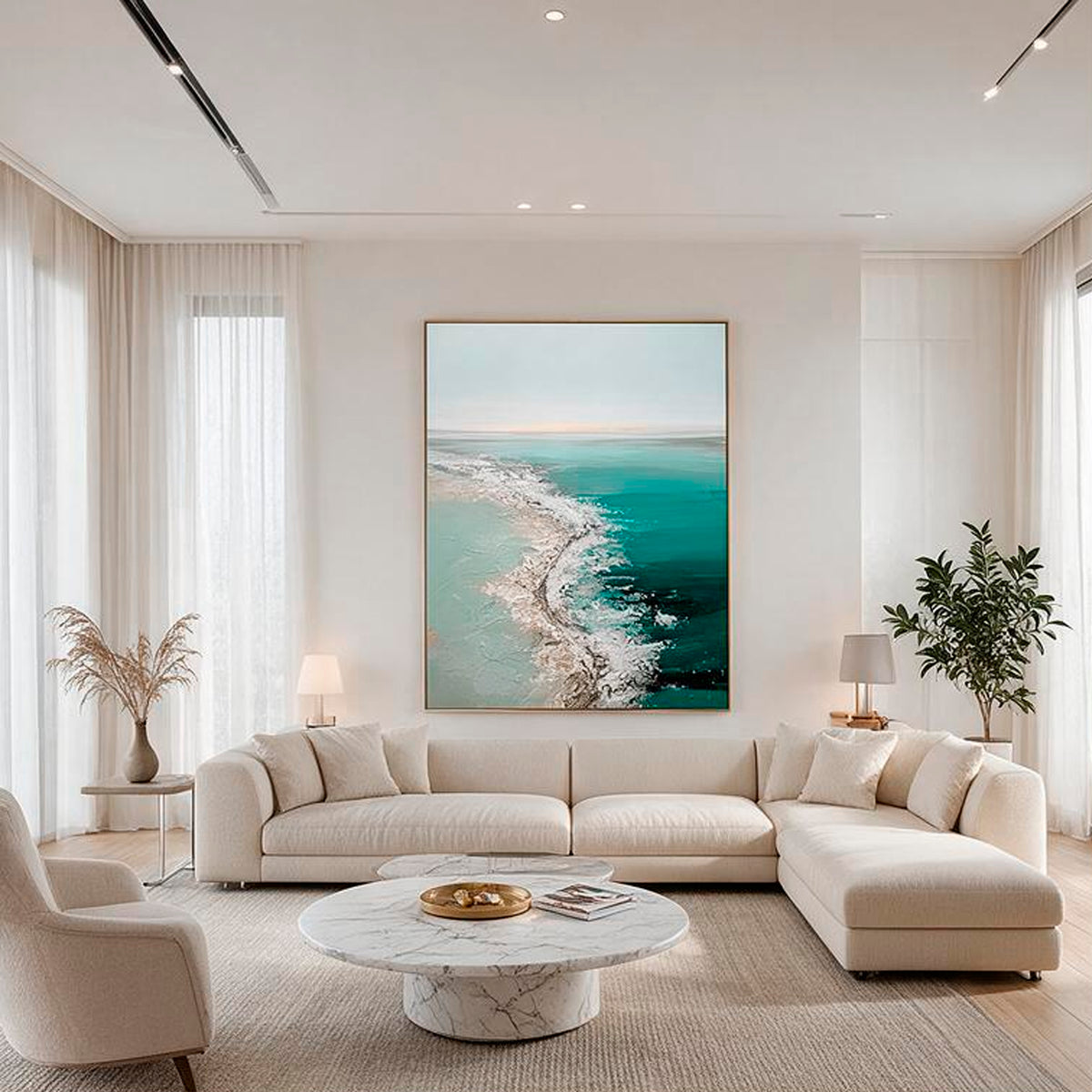 Organic modern coastal wall art above sofa