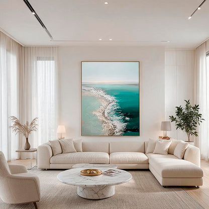 Organic modern coastal wall art above sofa