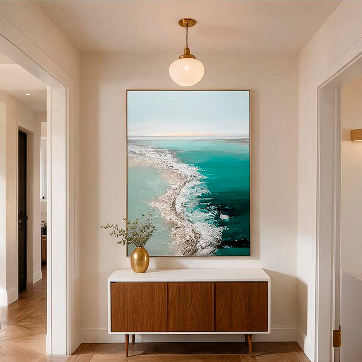 Modern beach house wall decor with hand painted seascape