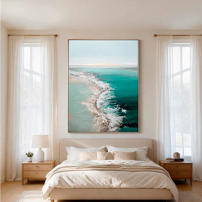Large seascape canvas artwork in teal and blue tones