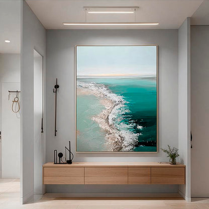Teal coastal canvas painting for organic modern living room