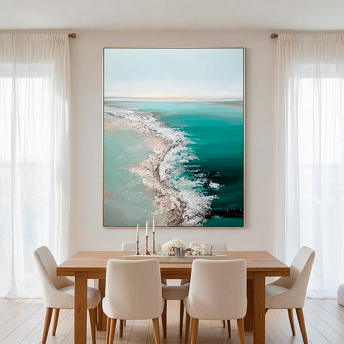 Large teal ocean wall art with hand painted seascape design