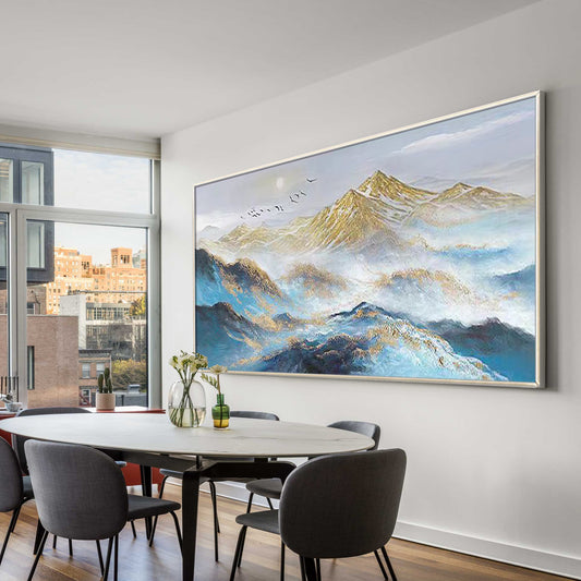 textured abstract landscape painting of mountains in blue and gold