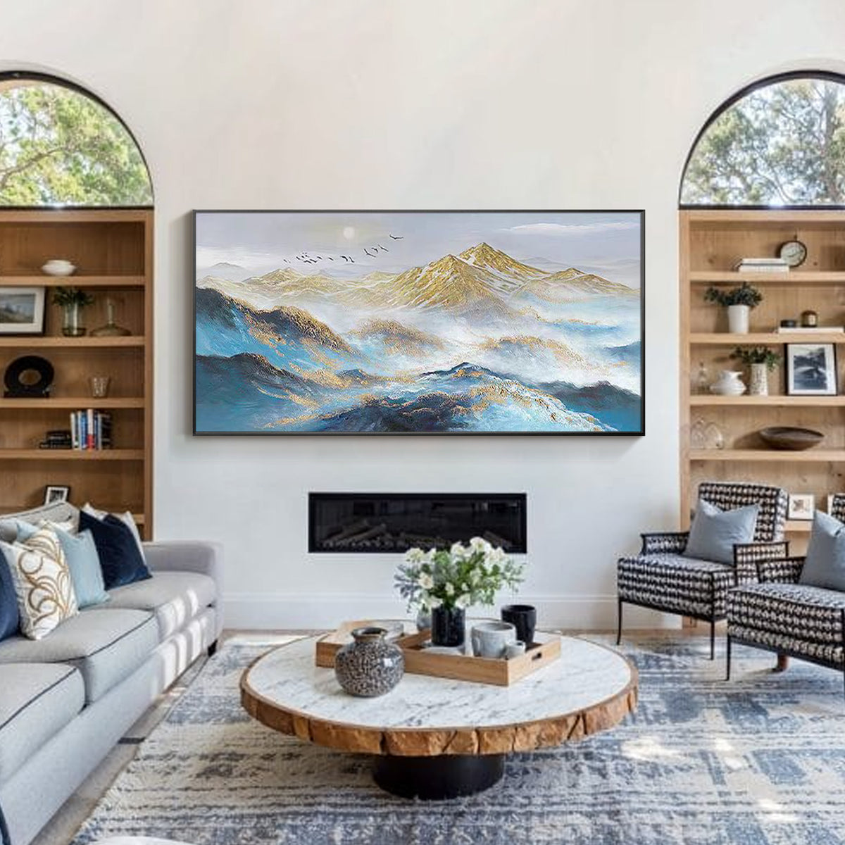 majestic misty mountain impasto painting with gold accents