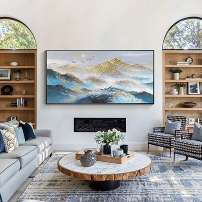 majestic misty mountain impasto painting with gold accents