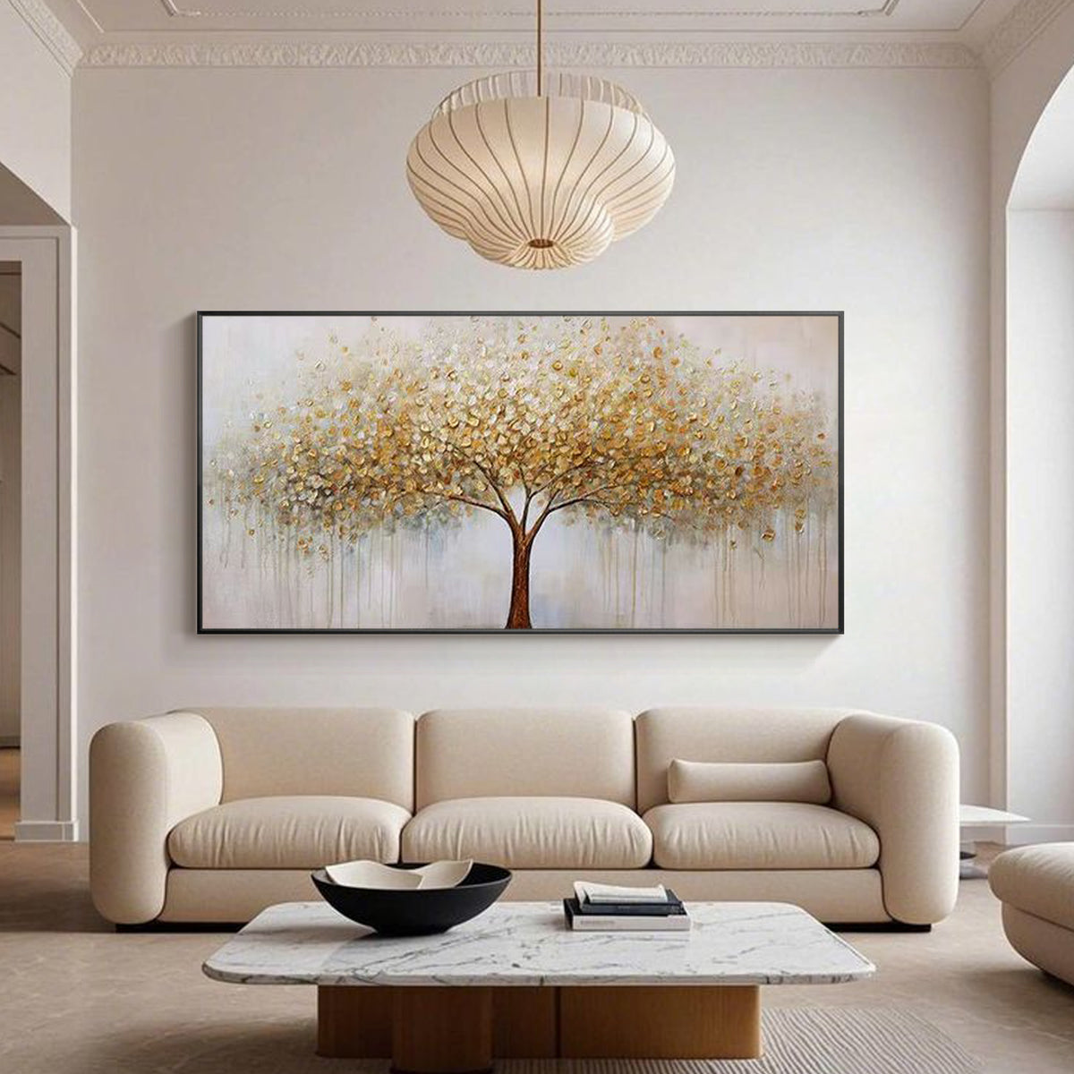 3D textured metallic canvas art featuring golden tree branches
