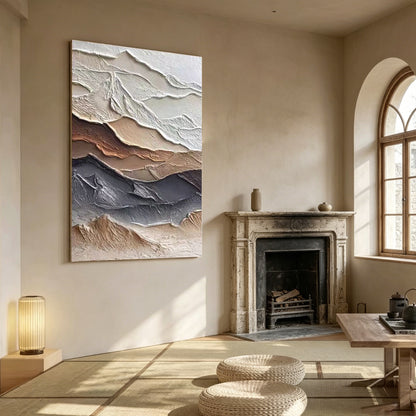 Earth tone mountain wall decor with beige ivory gray colors