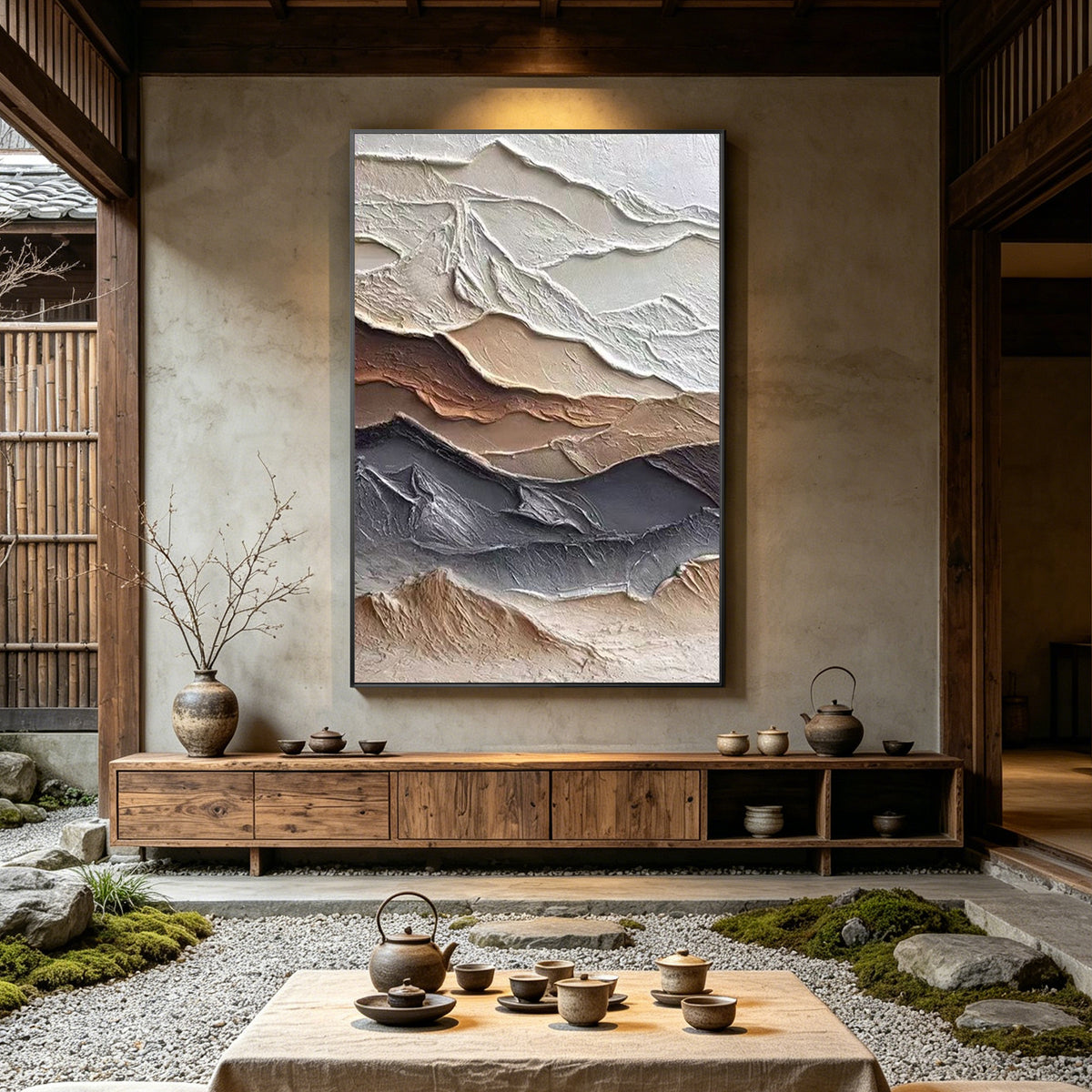 Modern neutral abstract landscape painting for living room decor