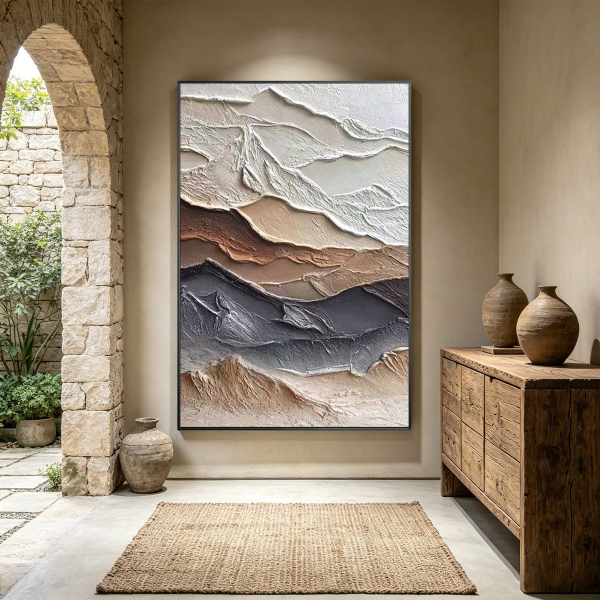 Large abstract mountain canvas painting in beige and gray tones
