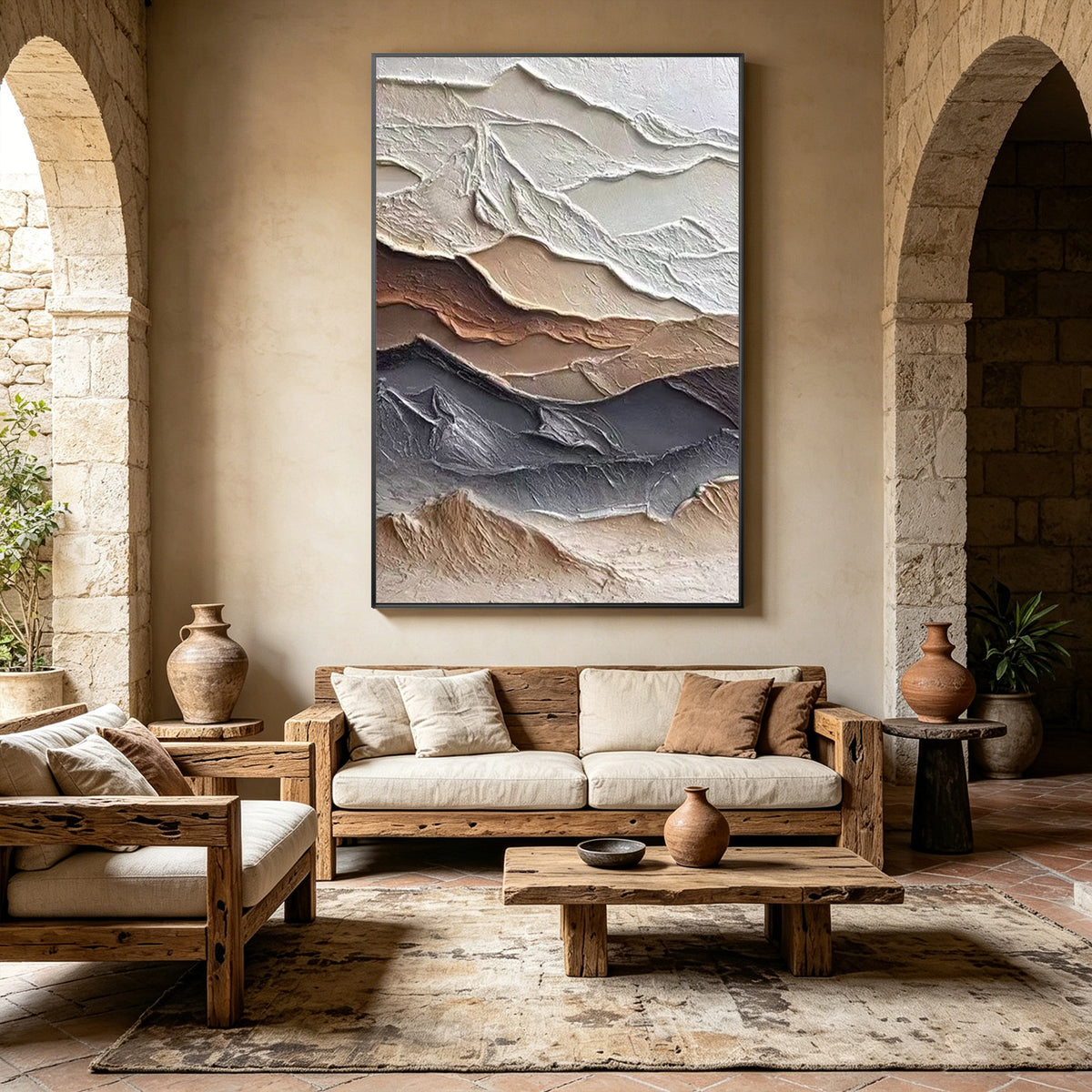 Layered textured mountain artwork with organic natural forms